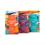 Three colorful coffee packages labeled 'Kahawa 1893' on a white background
